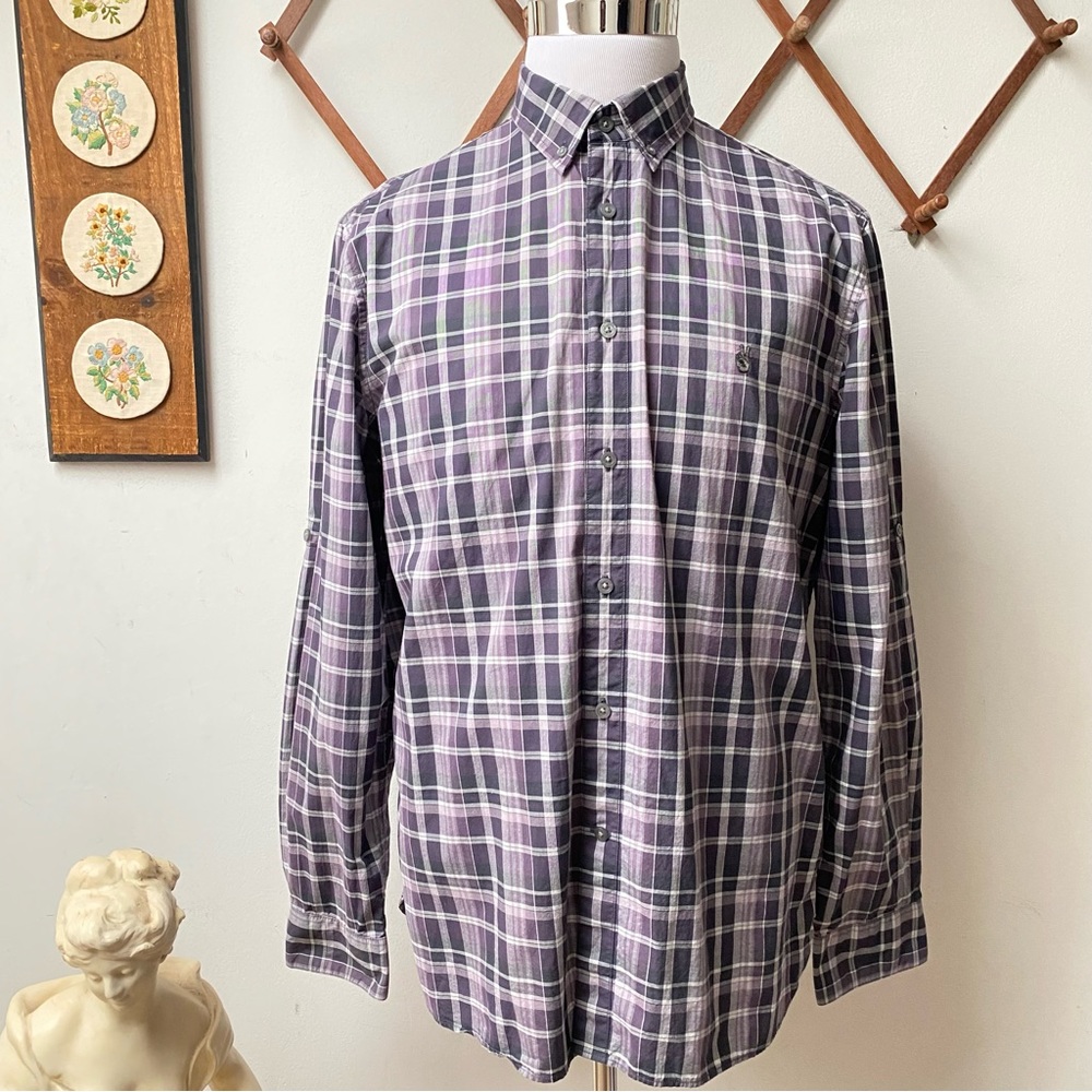 John Varvatos Peace Sign Logo Plaid Button Down Shirt